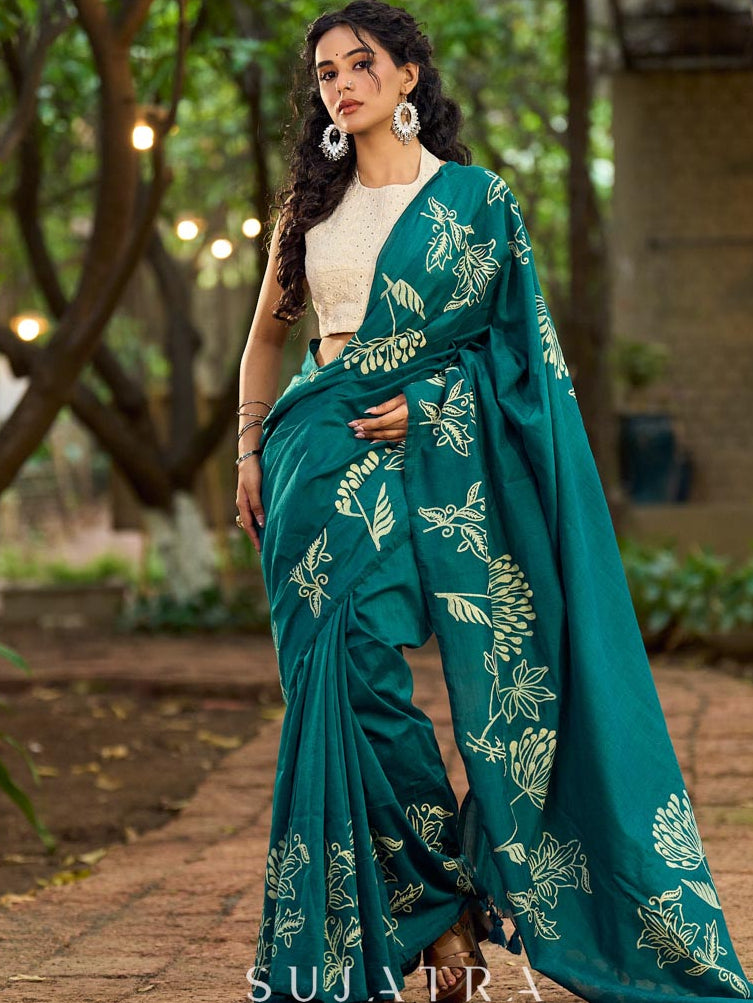 Elegant Rama Green Cotton Saree with Delicate Floral Hand Block Print