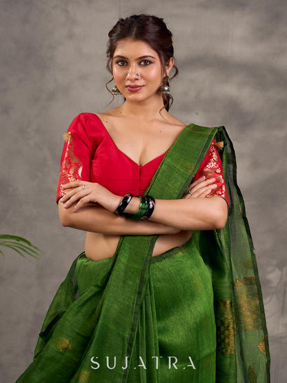 Ethereal Green Linen Saree with Gold Zari Butti