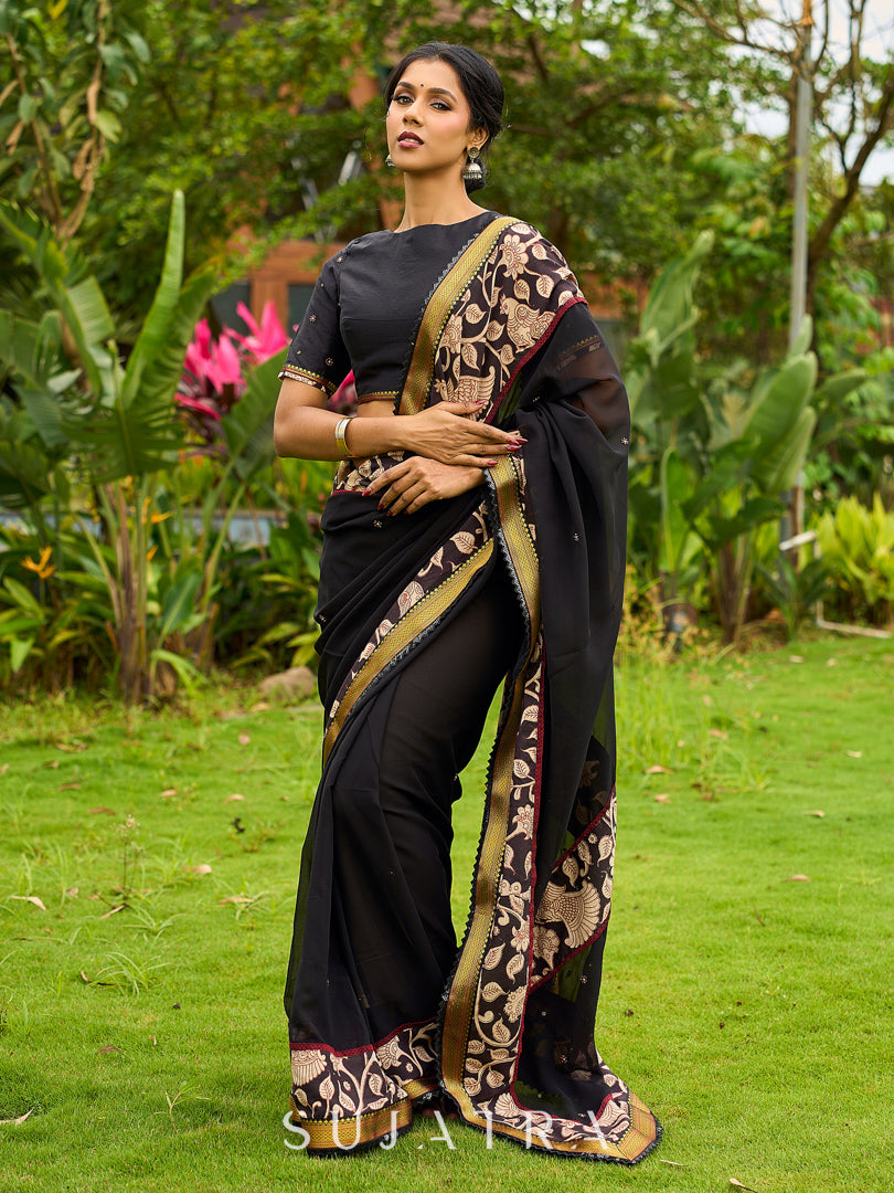 Vibrant Black Georgette Saree with Golden Zari Border & Kalamkari Floral Print Pallu & Border