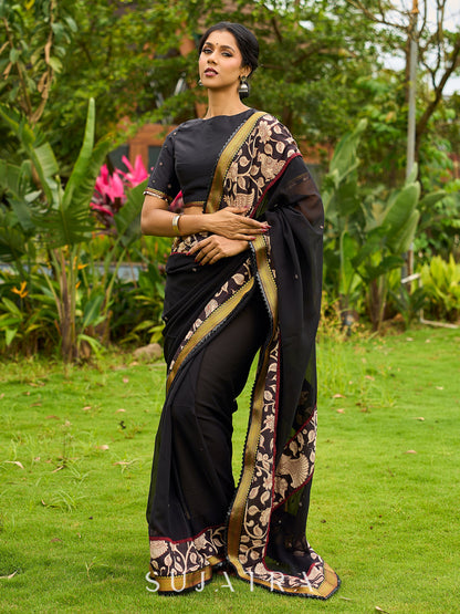 Vibrant Black Georgette Saree with Golden Zari Border & Kalamkari Floral Print Pallu & Border