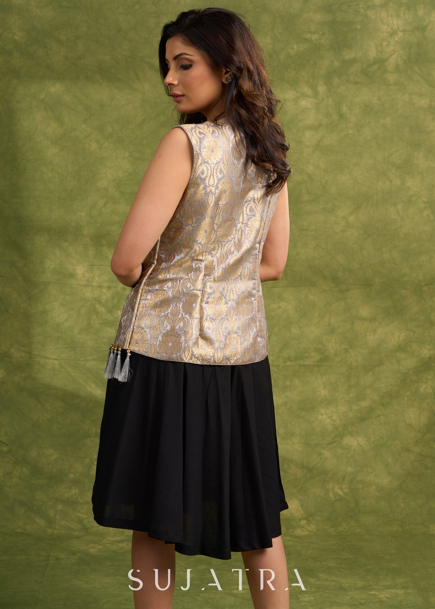 grey gold luxe brocade sleeveless jacket with tassels for elevated style - Dress optional