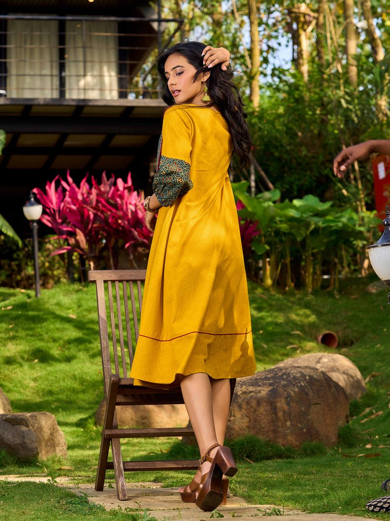 Handcrafted Mustard Cotton Flared Dress with Contrasting Ajrakh Collar