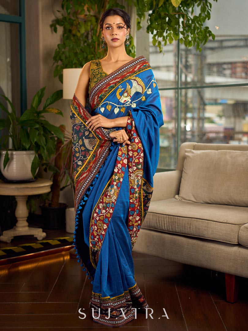 Handcrafted Blue Cotton Saree with Gond Painting & Multicolor Ikat & Kalamkari Border