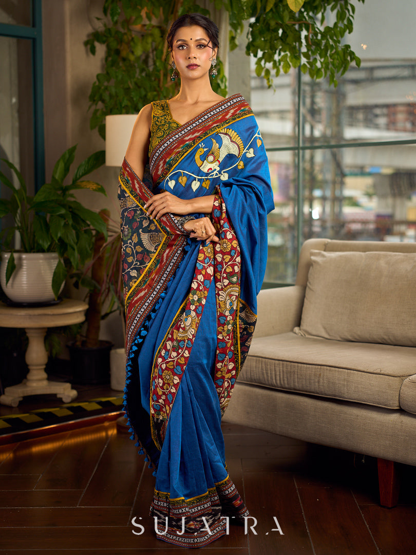 Handcrafted Blue Cotton Saree with Gond Painting & Multicolor Ikat & Kalamkari Border