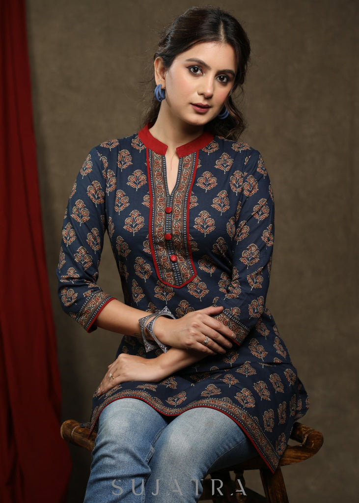 Trendy navy blue cotton printed ajrakh tunic