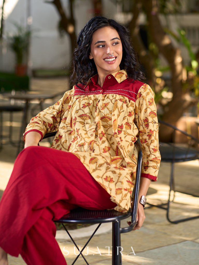 Artisan Jaipuri Printed Floral Cotton Shirt with Contrast Yoke and Soft Gathers