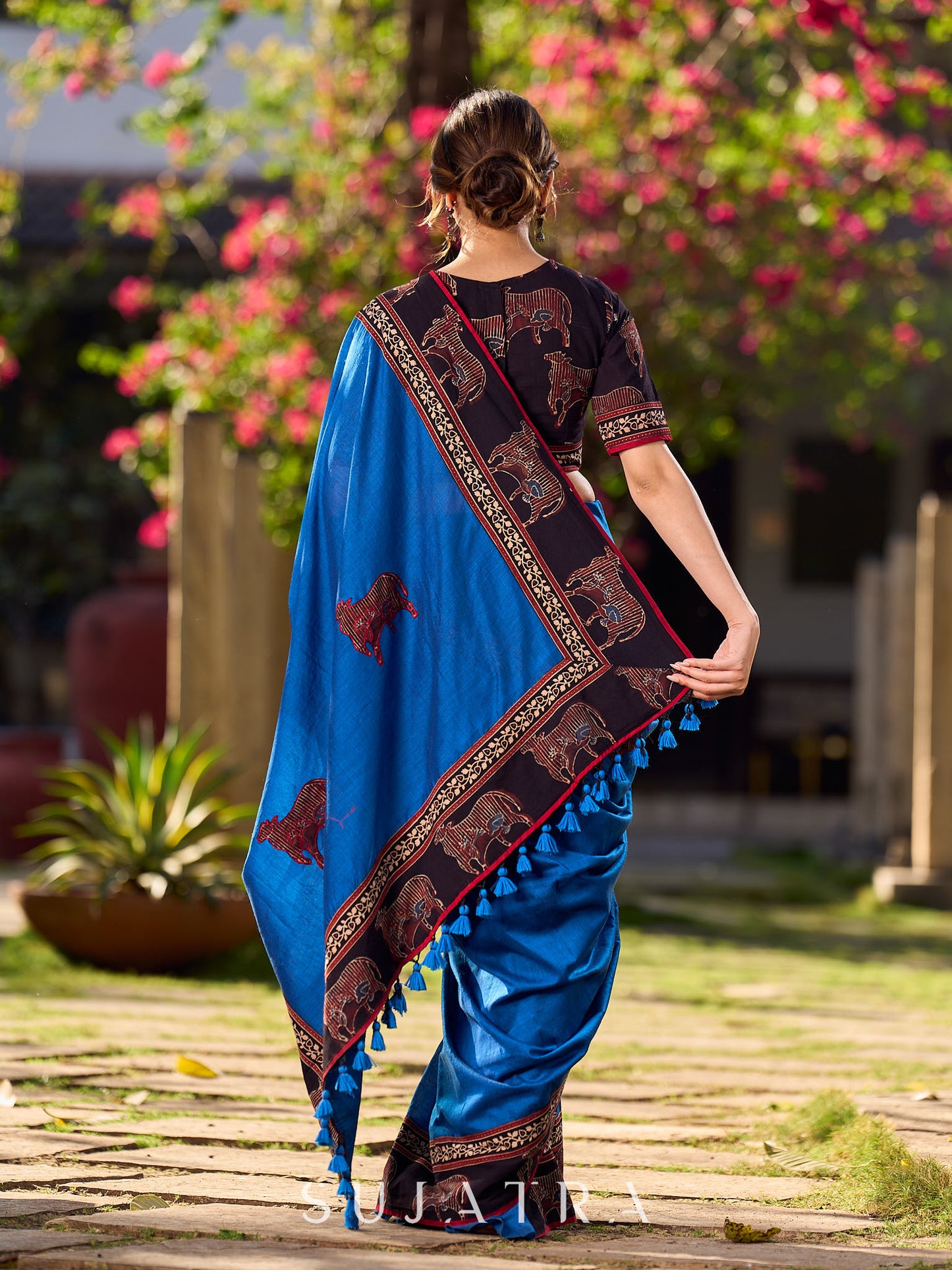 Chic Blue Saree with Pichwai Printed Border & Applique Work in Pallu