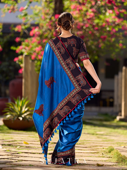 Chic Blue Saree with Pichwai Printed Border & Applique Work in Pallu