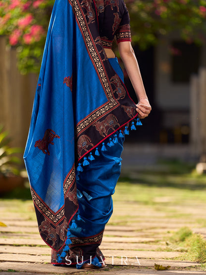 Chic Blue Saree with Pichwai Printed Border & Applique Work in Pallu