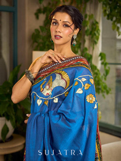 Handcrafted Blue Cotton Saree with Gond Painting & Multicolor Ikat & Kalamkari Border