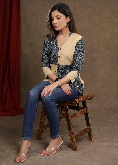 Beige Cotton Ajrak Combination Top