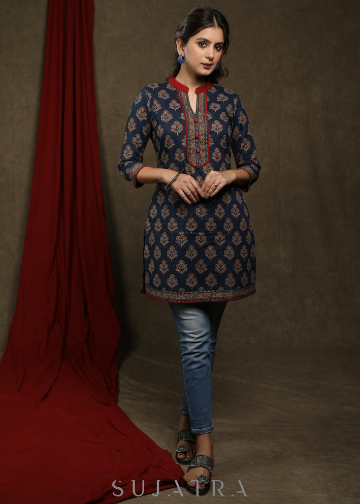 Trendy navy blue cotton printed ajrakh tunic