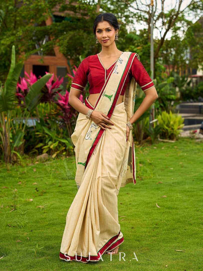 Statement Cream Cotton Saree with Pichwai Cow Painting & Contrast Trim