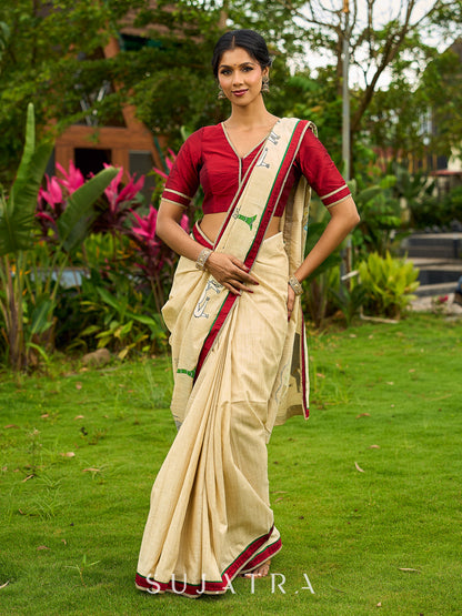 Statement Cream Cotton Saree with Pichwai Cow Painting & Contrast Trim