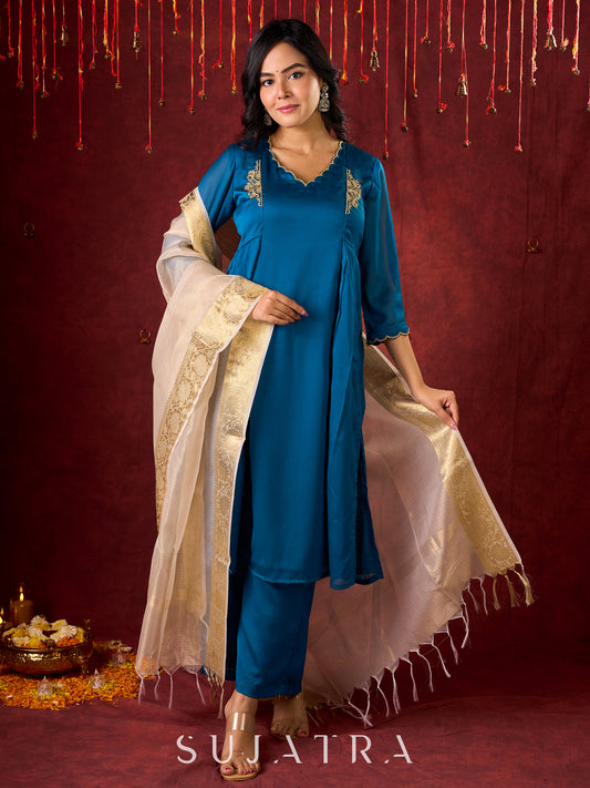 Teal Elegance Silk Panel Kurta with Minimalist Embroidery