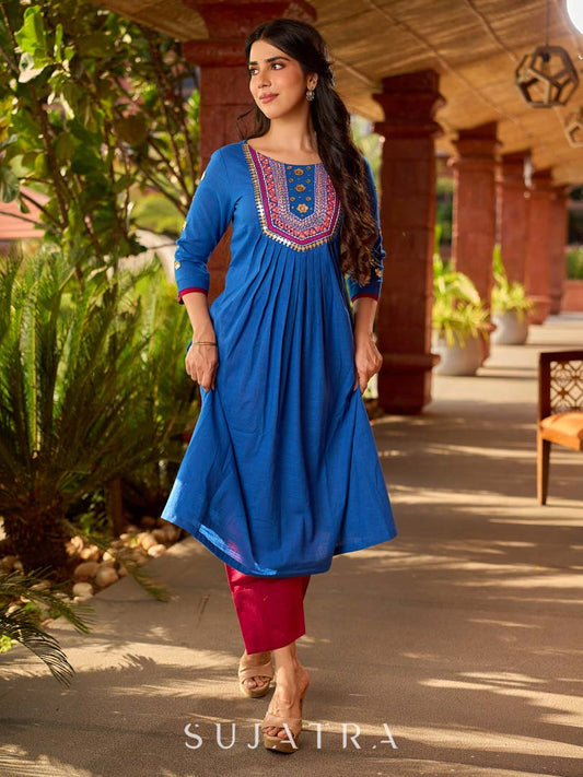 Luxe Blue Cotton Kurta with Traditional Mirror Work and Embroidered Detailing