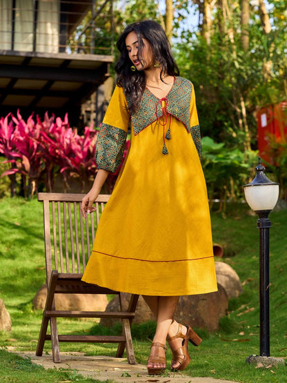 Handcrafted Mustard Cotton Flared Dress with Contrasting Ajrakh Collar