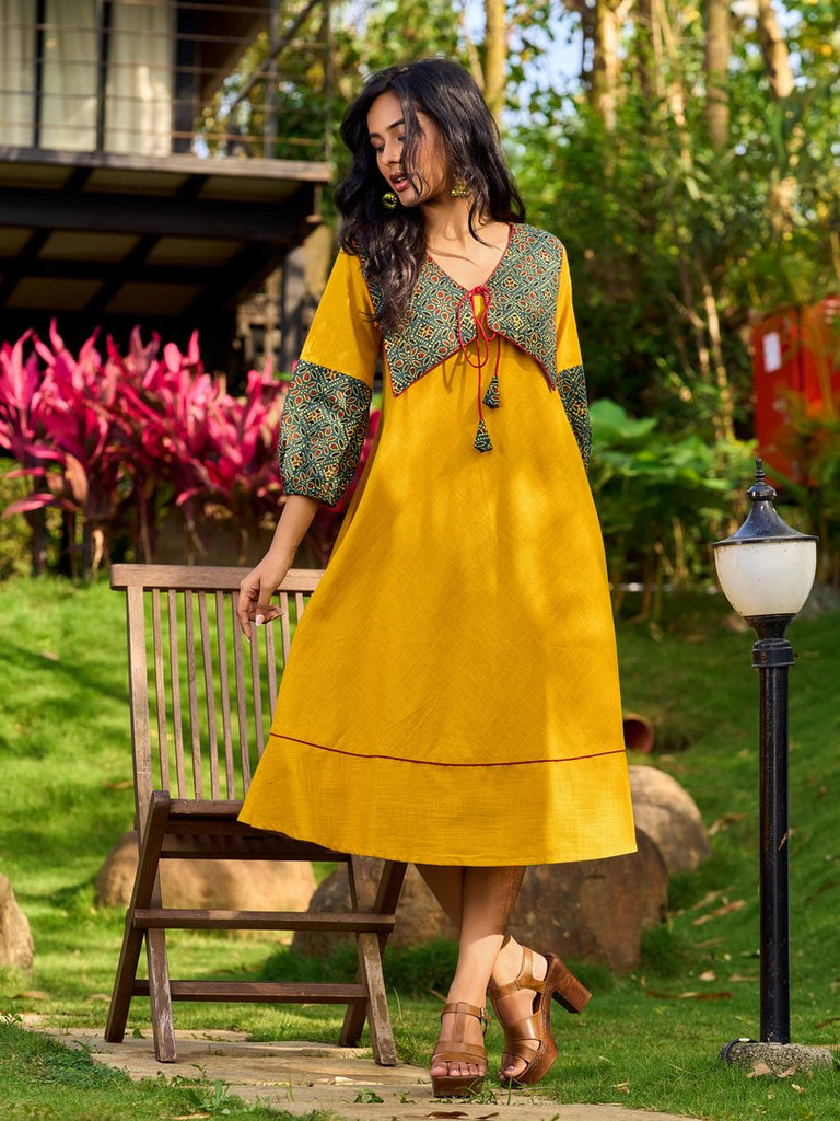 Handcrafted Mustard Cotton Flared Dress with Contrasting Ajrakh Collar