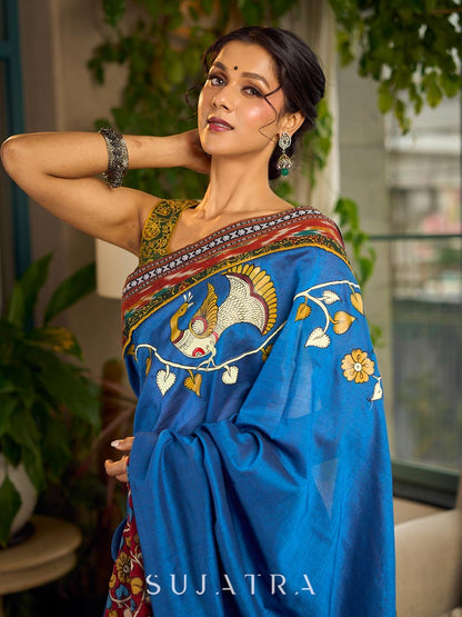 Handcrafted Blue Cotton Saree with Gond Painting & Multicolor Ikat & Kalamkari Border
