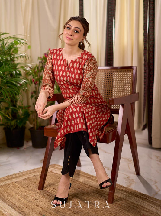 Deep Rust Buti Printed Cotton Straight Kurta with Floral Sleeves and Striped Cuff