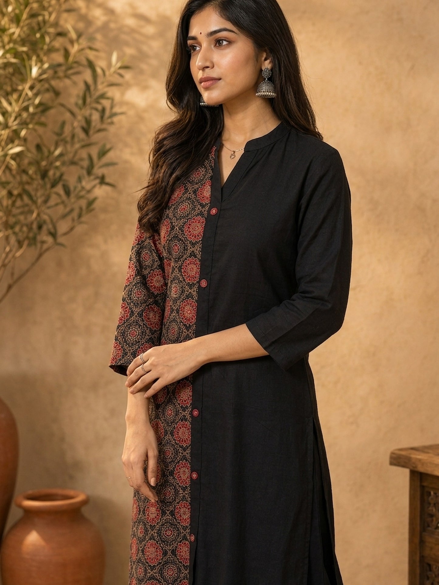 Chic Black Cotton Kurta with Contrasting Ajrakh Kantha Printed Panel