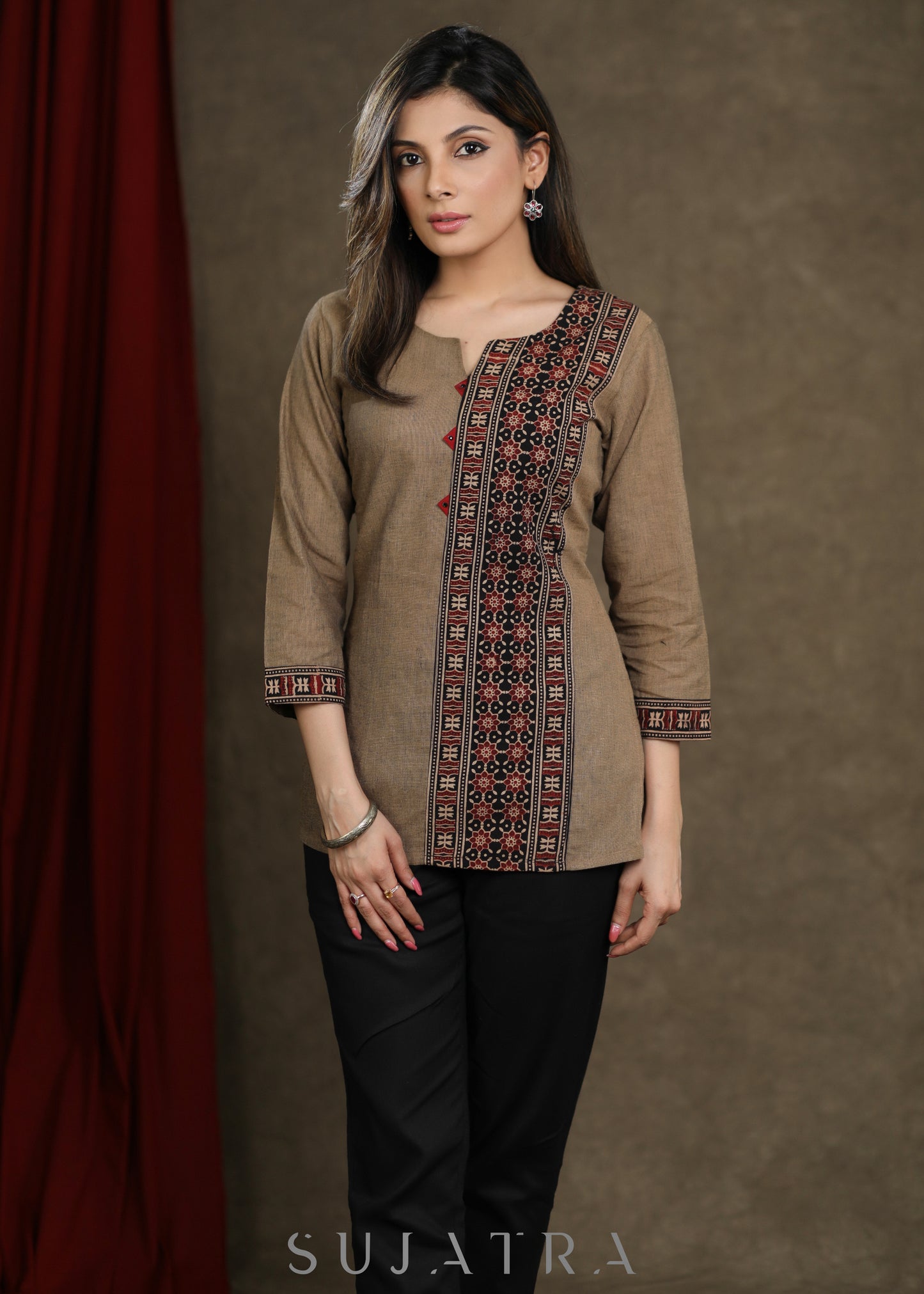 Beige Cotton Top with Ajrakh Combination