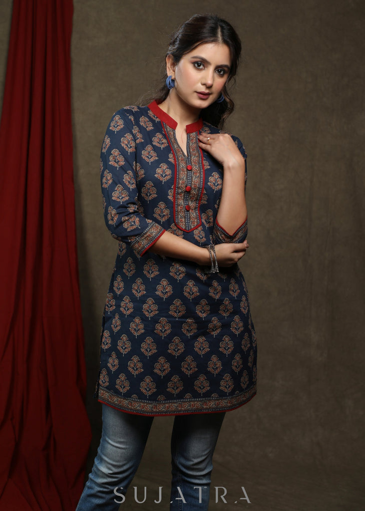 Trendy navy blue cotton printed ajrakh tunic