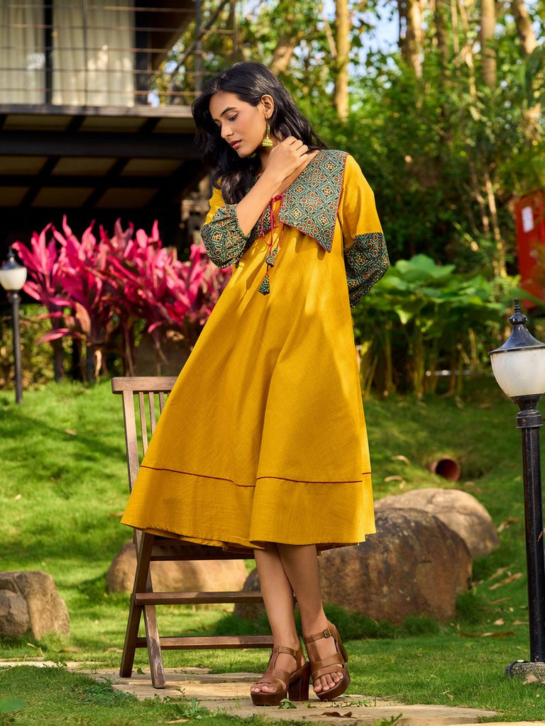 Handcrafted Mustard Cotton Flared Dress with Contrasting Ajrakh Collar