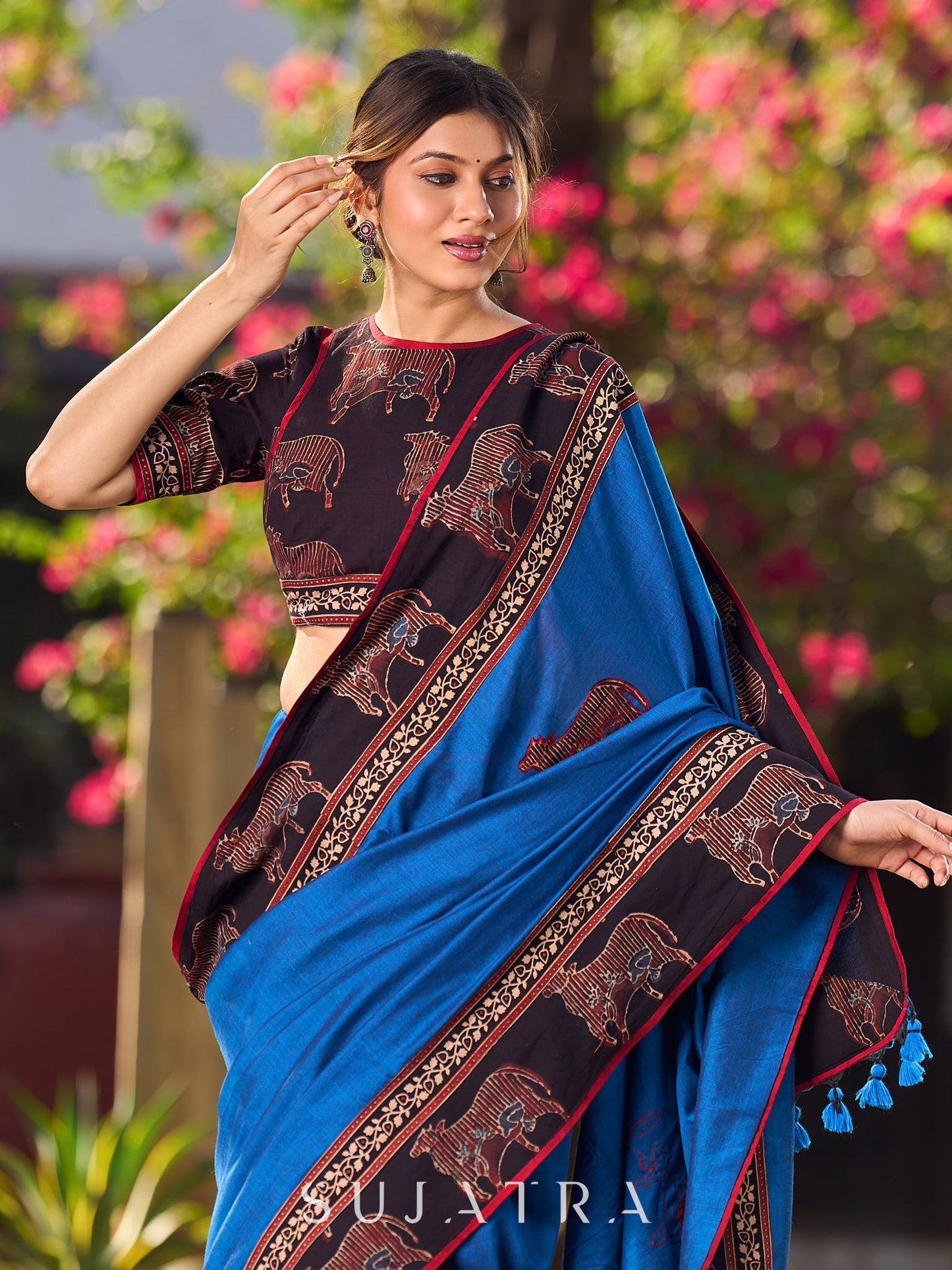 Chic Blue Saree with Pichwai Print Border and Applique Work in Pallu