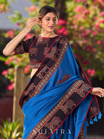 Chic Blue Saree with Pichwai Print Border and Applique Work in Pallu