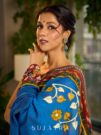 Handcrafted Blue Cotton Saree with Gond Painting & Multicolor Ikat & Kalamkari Border