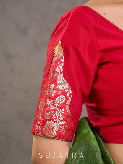 Red Cotton Silk Blouse with Floral Benarasi Brocade Panel on Sleeves and V Neckline