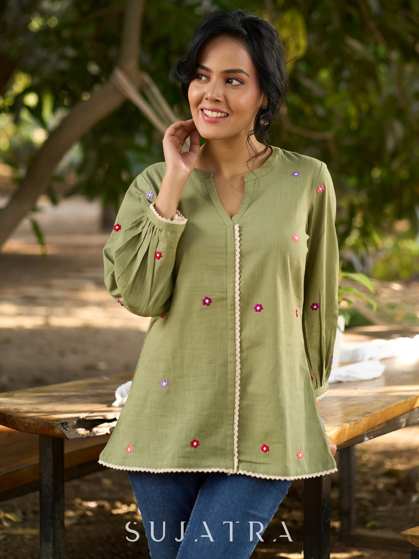 Mystical Mint Green Cotton Slub Top with Mandarin Collar, Placket, Delicate Floral Embroidery & Crochet Lace Accents