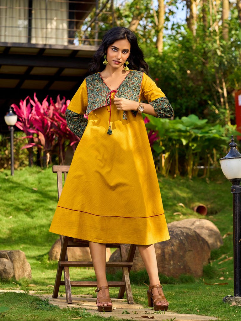 Handcrafted Mustard Cotton Flared Dress with Contrasting Ajrakh Collar