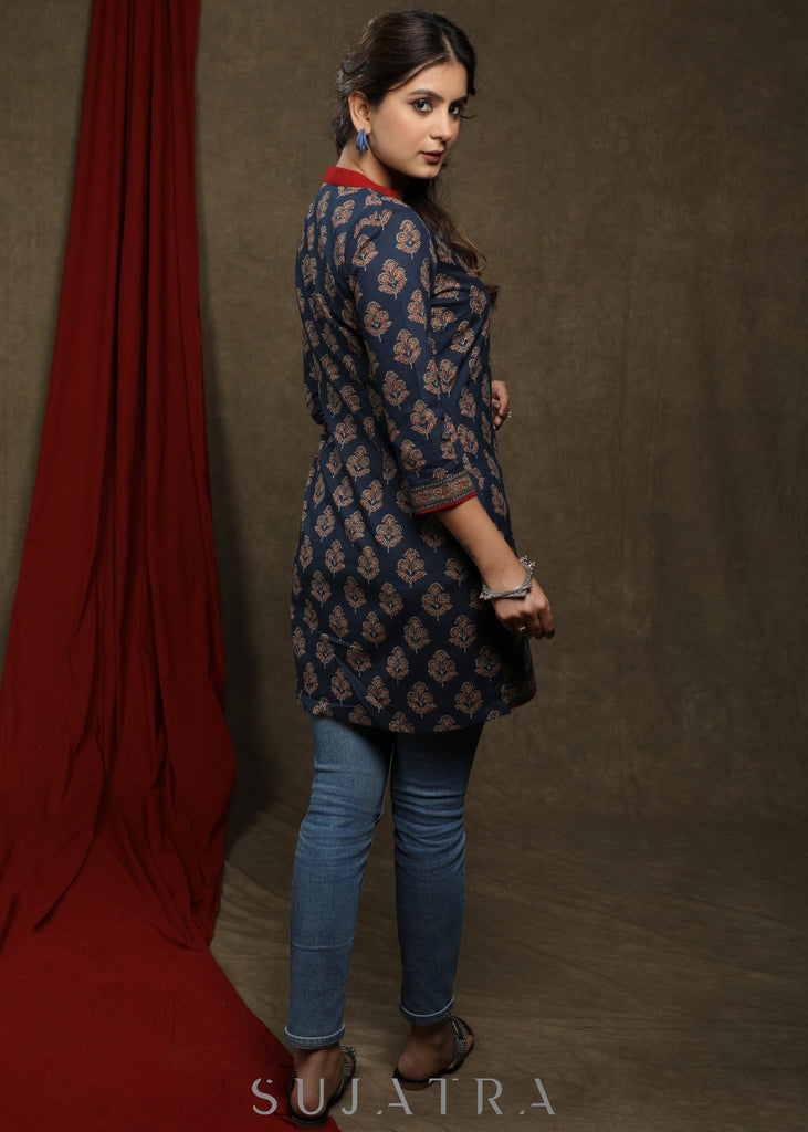 Trendy navy blue cotton printed ajrakh tunic