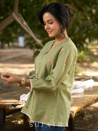 Mystical Mint Green Cotton Slub Top with Mandarin Collar, Placket, Delicate Floral Embroidery & Crochet Lace Accents
