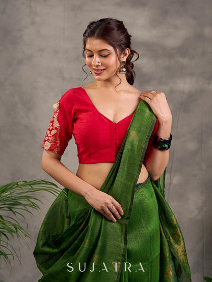 Red Cotton Silk Blouse with Floral Benarasi Brocade Panel on Sleeves and V Neckline