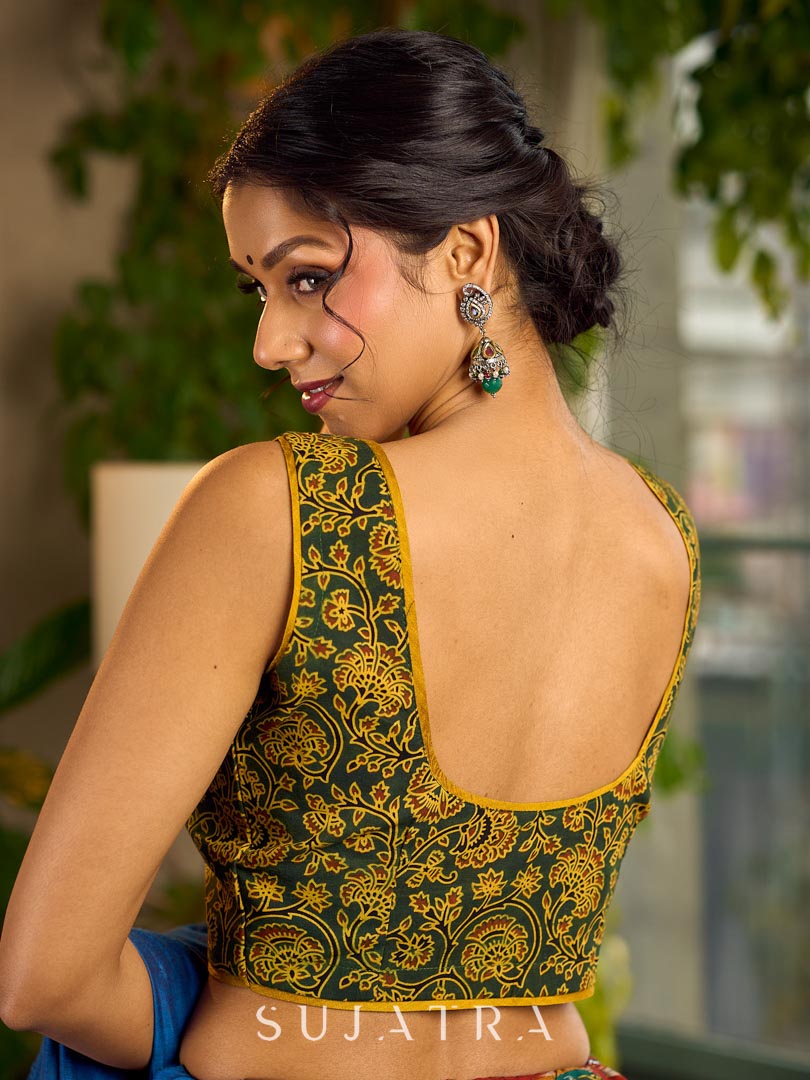 Green & Mustard Ajrakh Blouse with Mustard Detailing