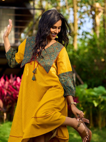 Handcrafted Mustard Cotton Flared Dress with Contrasting Ajrakh Collar