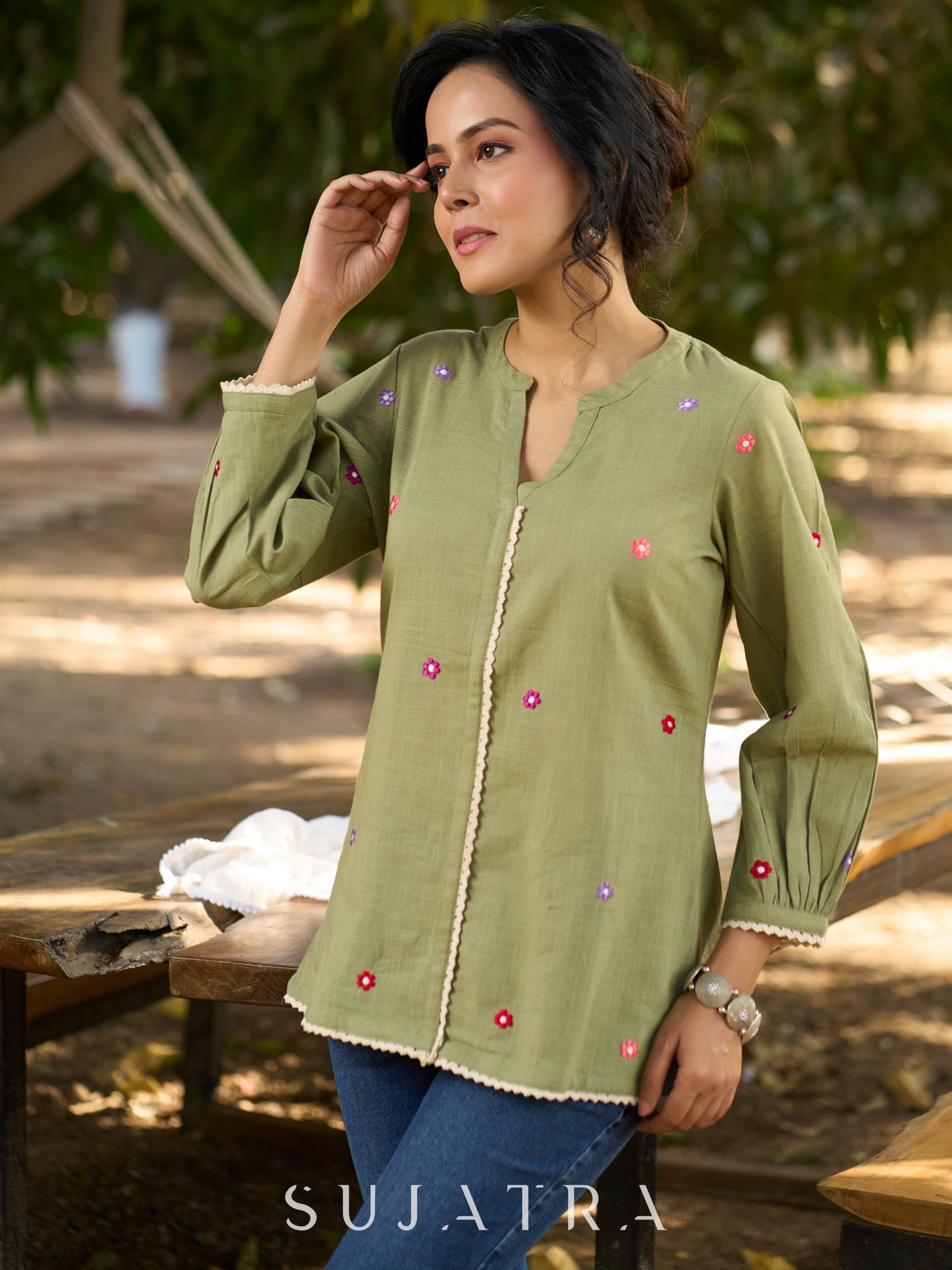 Mystical Mint Green Cotton Slub Top with Mandarin Collar, Placket, Delicate Floral Embroidery & Crochet Lace Accents