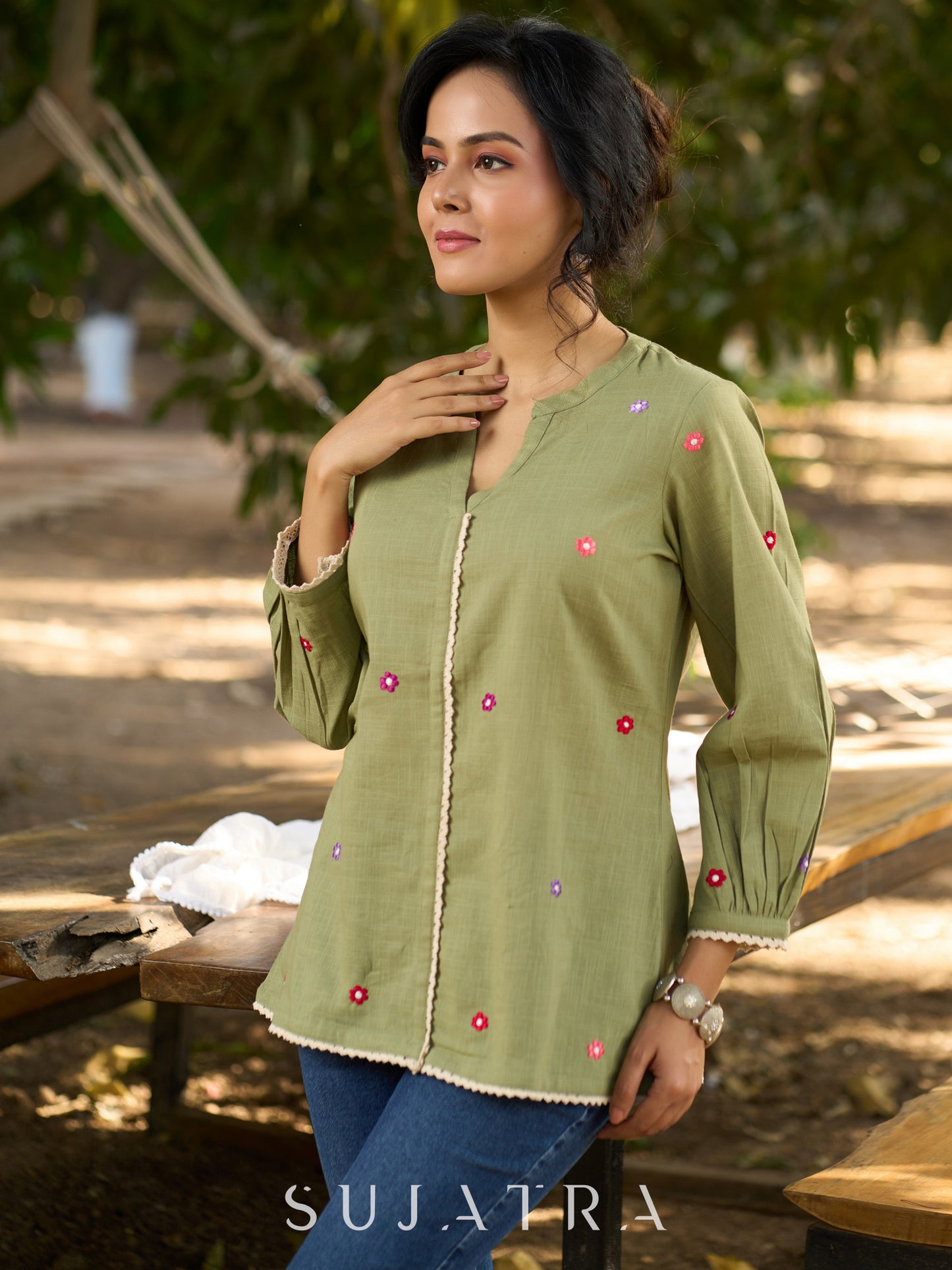 Mystical Mint Green Cotton Slub Top with Mandarin Collar, Placket, Delicate Floral Embroidery & Crochet Lace Accents