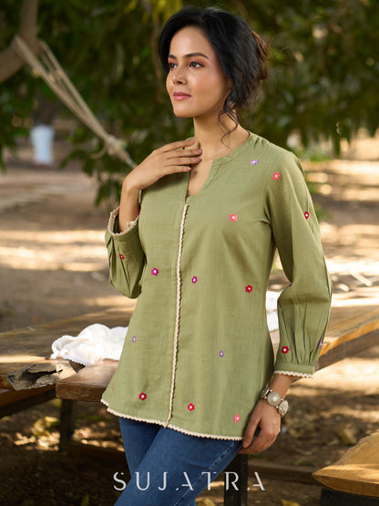 Mystical Mint Green Cotton Slub Top with Mandarin Collar, Placket, Delicate Floral Embroidery & Crochet Lace Accents