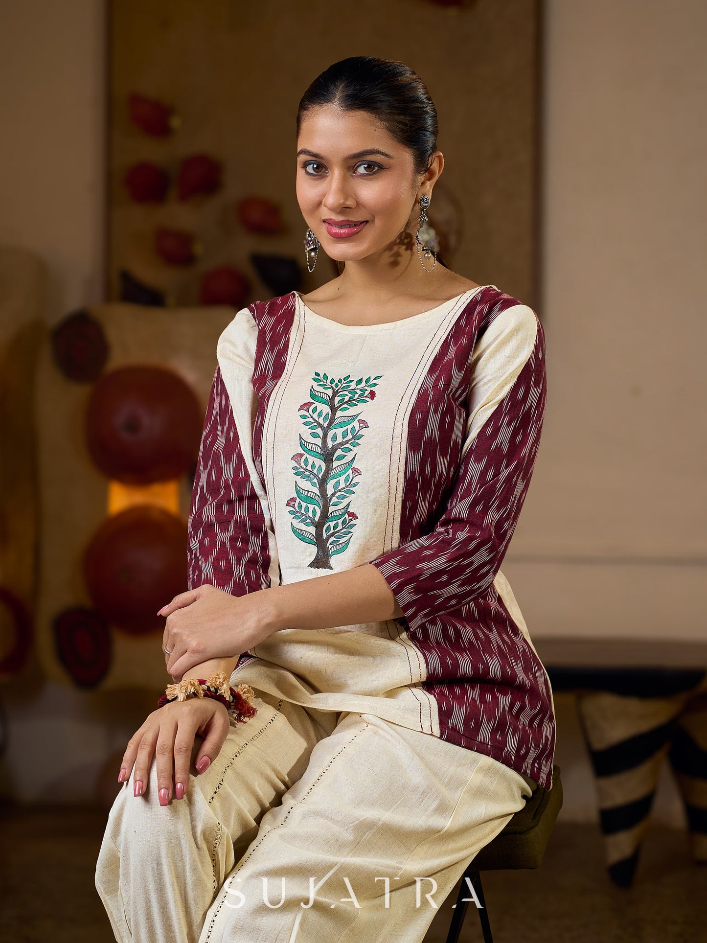 Ivory Cotton Flex Top with Maroon Ikat Panels and Hand Painted Gond Motif
