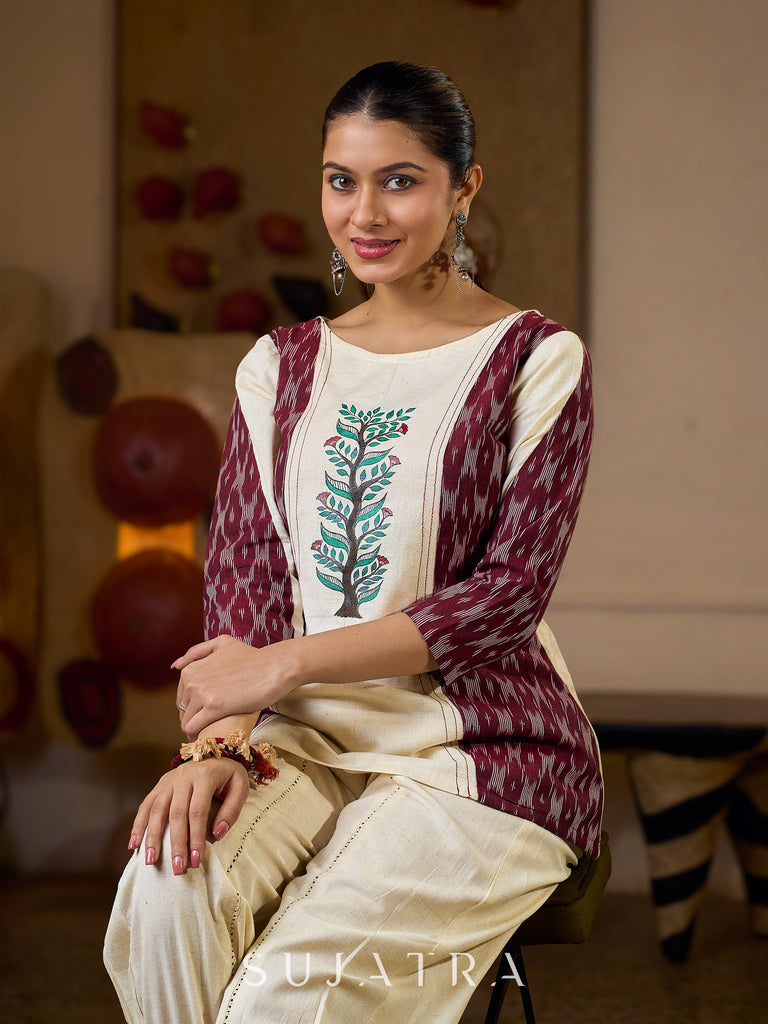 Ivory Cotton Flex Top with Maroon Ikat Panels and Hand Painted Gond Motif