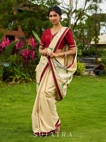 Statement Cream Cotton Saree with Pichwai Cow Painting & Contrast Trim