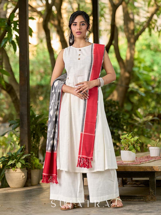 Graceful Grey & Red Combination Ikat Cotton Dupatta