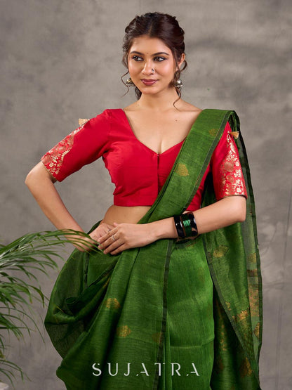 Ethereal Green Linen Saree with Gold Zari Butti