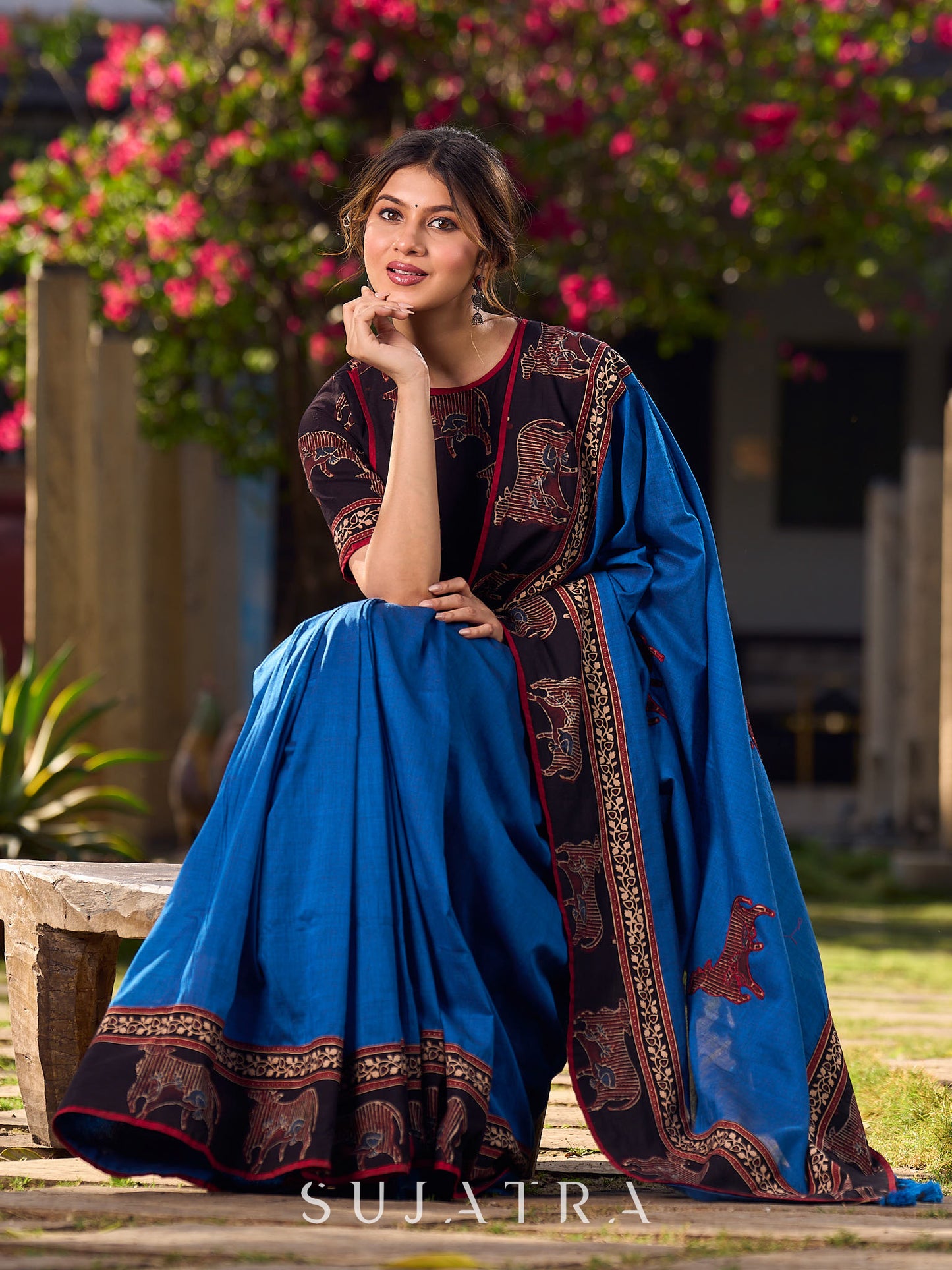 Chic Blue Saree with Pichwai Printed Border & Applique Work in Pallu