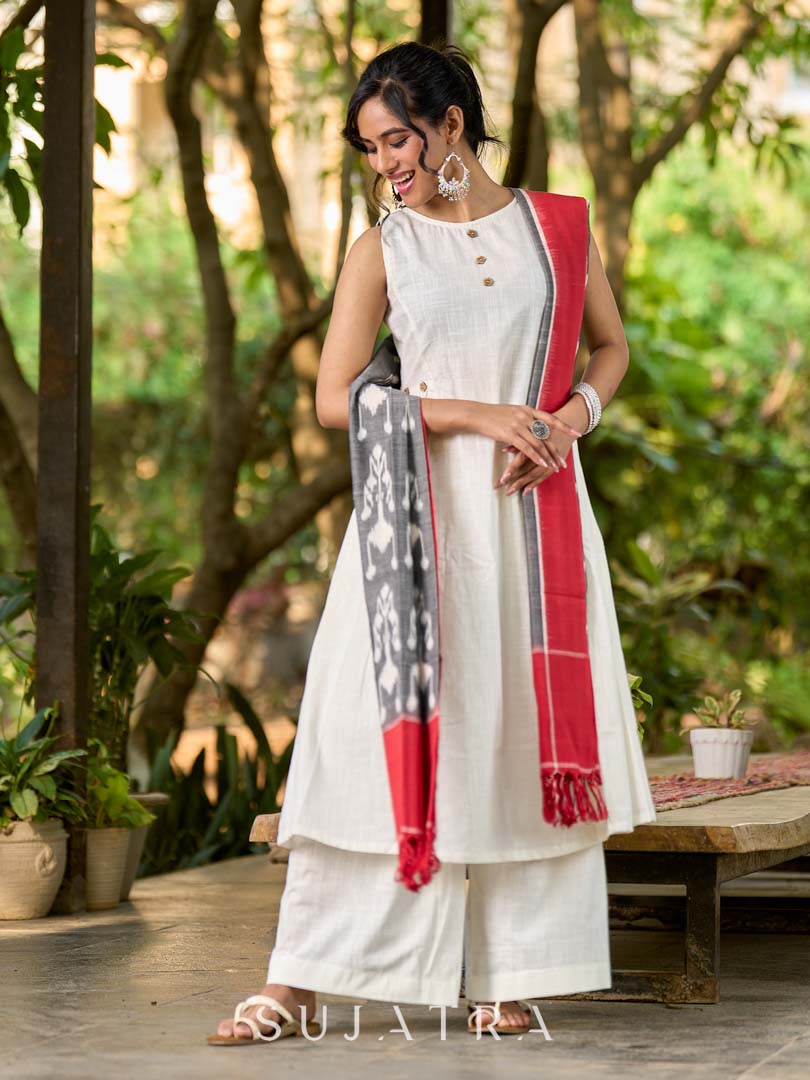 Graceful Grey & Red Combination Ikat Cotton Dupatta
