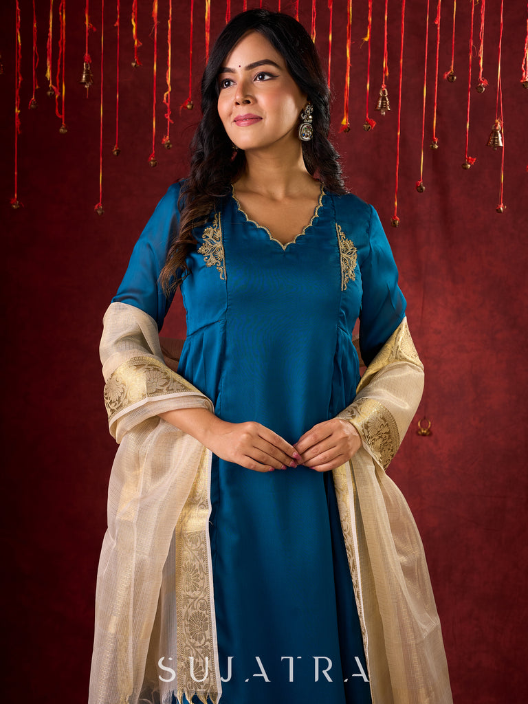 Teal Elegance Silk Panel Kurta with Minimalist Embroidery